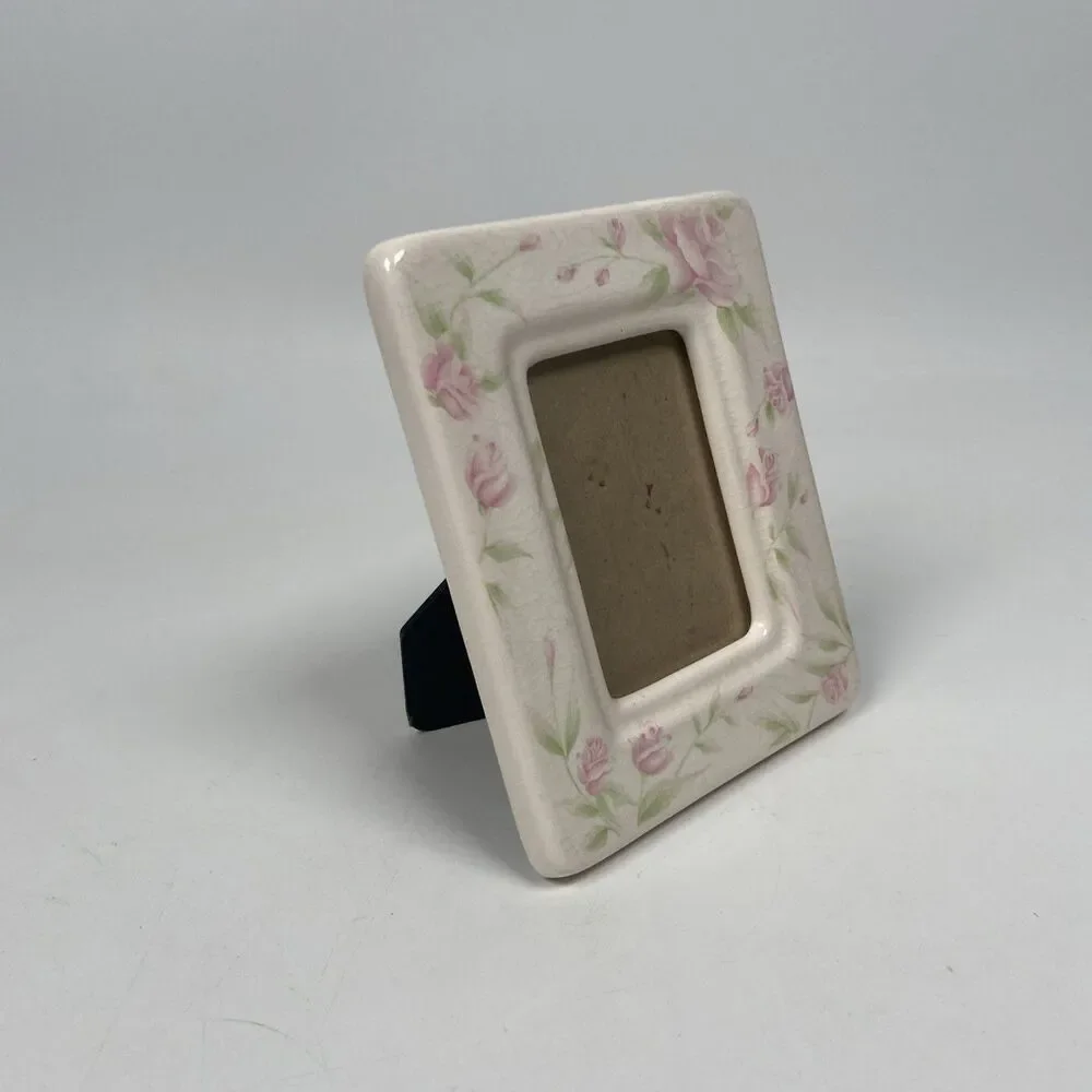 Burnes Ceramic Photo Picture Frame White Pink Floral Rose  Cottage 4.5